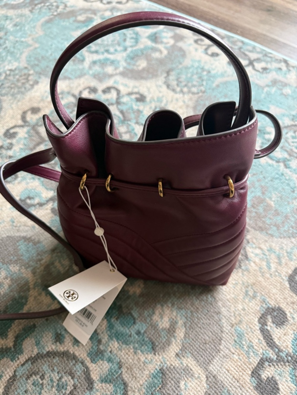 Tory Burch Burgundy Quilted Leather Drawstring Bucket Crossbody - Picture 3 of 5